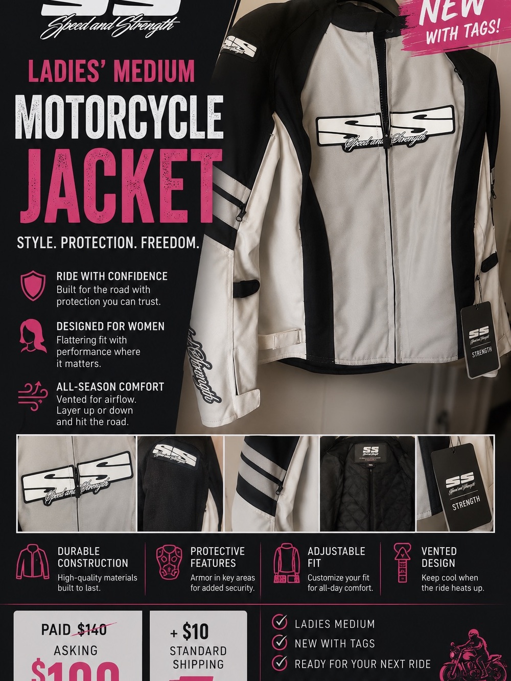 SS Strength Ladies' Motorcycle Jacket - Black & Light Gray